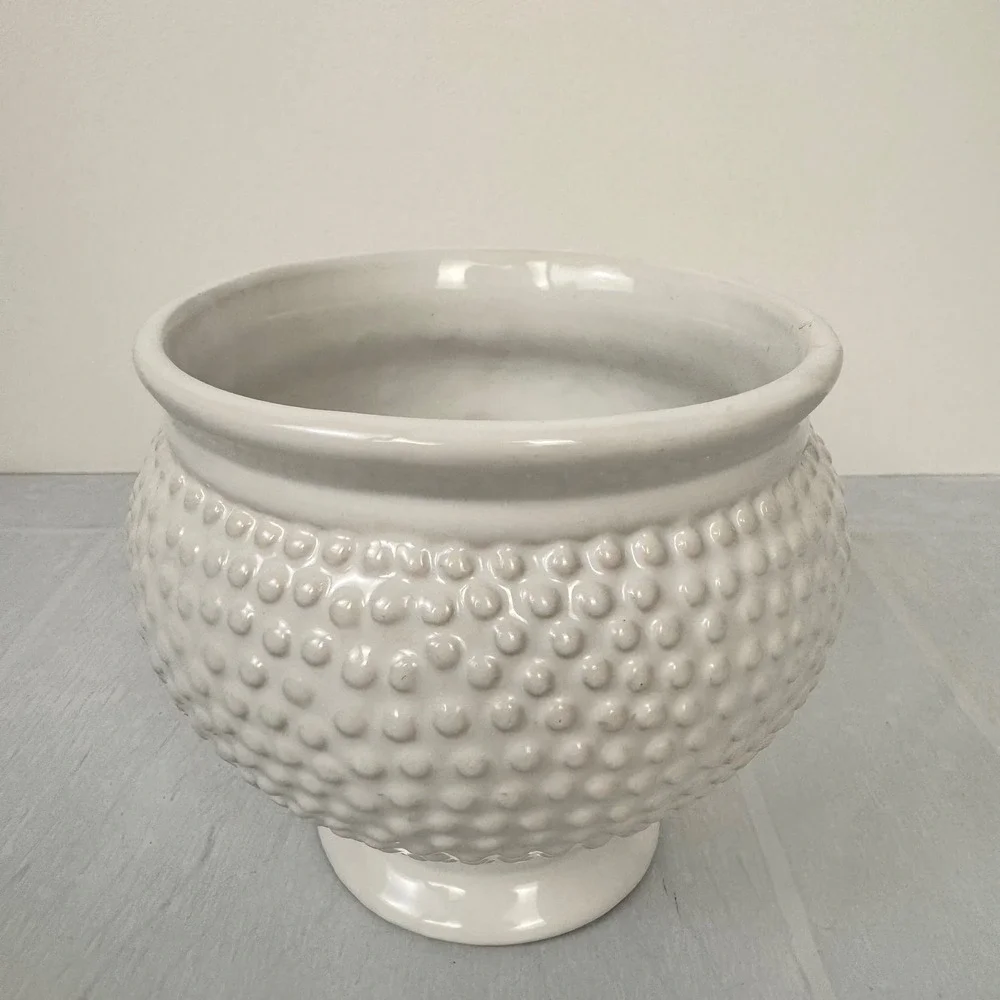 White Ceramic Hobnail Planter Pot Pedestal Base Textured Boho Decor